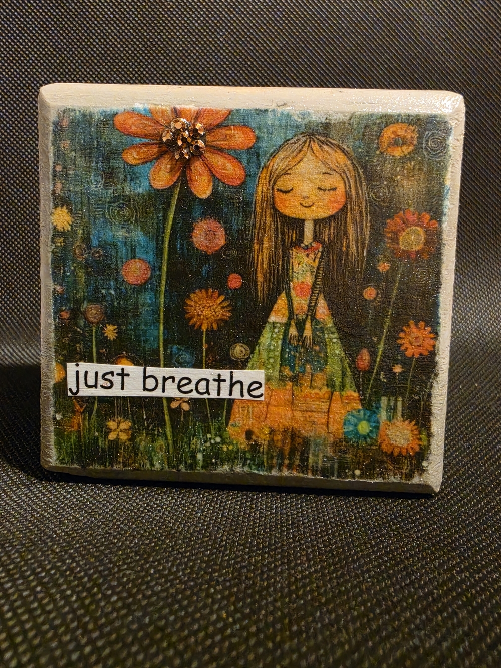 Handmade "Just Breathe" Floral Girl Wooden Art - Multicolor